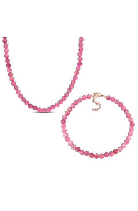 Pink Tourmaline Beaded Necklace & Bracelet Set