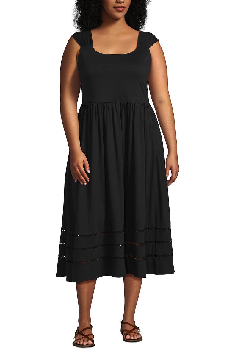 Lands' End Slub Cap Sleeve Shirred Skirt Midi Dress, Main, color, Black