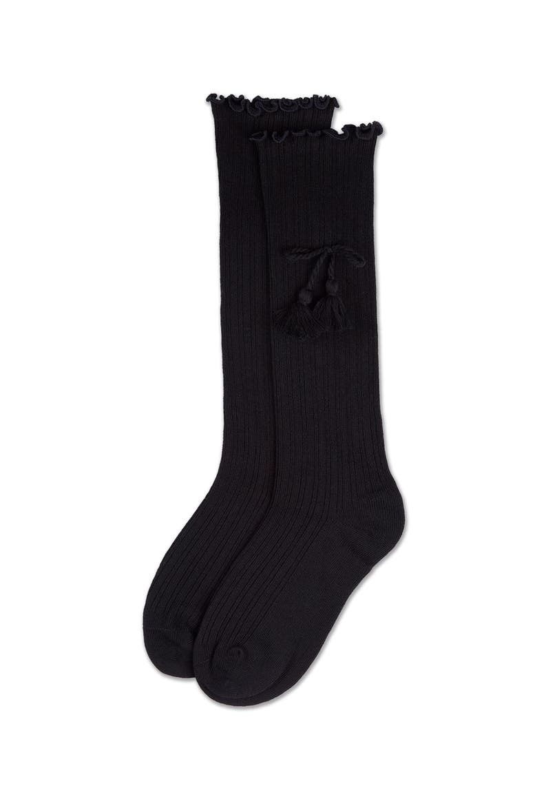 Tassle-Bow-Trimmed Lettuce Edge Knee High Sock, Alternate, color, Navy