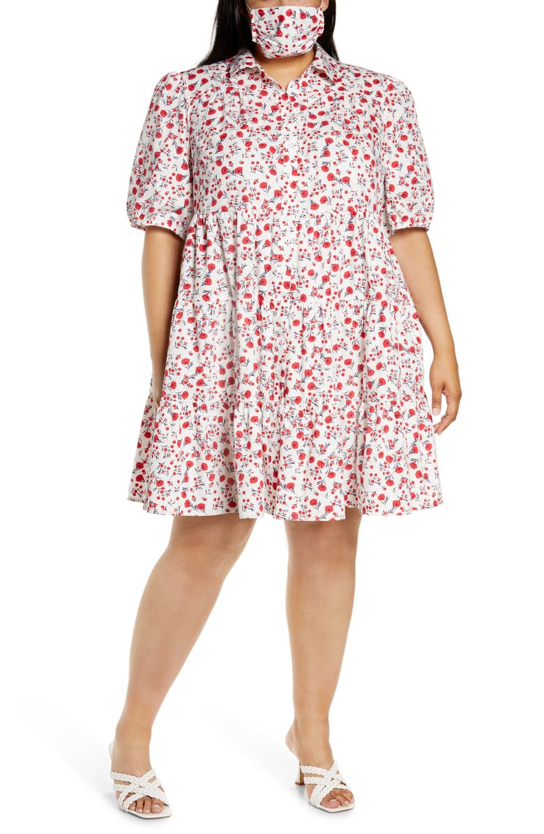 Eliza J Print Tiered Shirtdress & Face Mask Set, Main, color, 