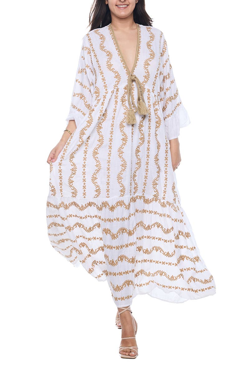 Plunge Neck Cotton Caftan Dress, Main, color, WHITE
