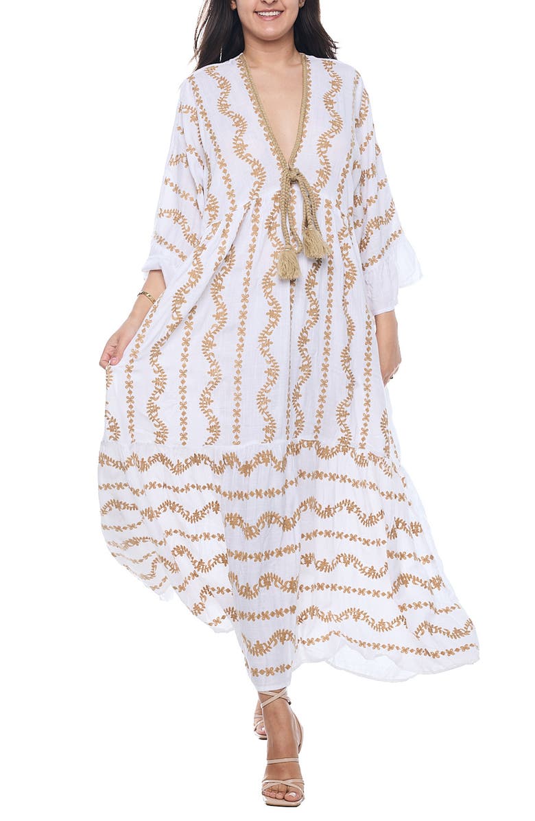 RANEES Plunge Neck Cotton Caftan Dress, Main, color, White