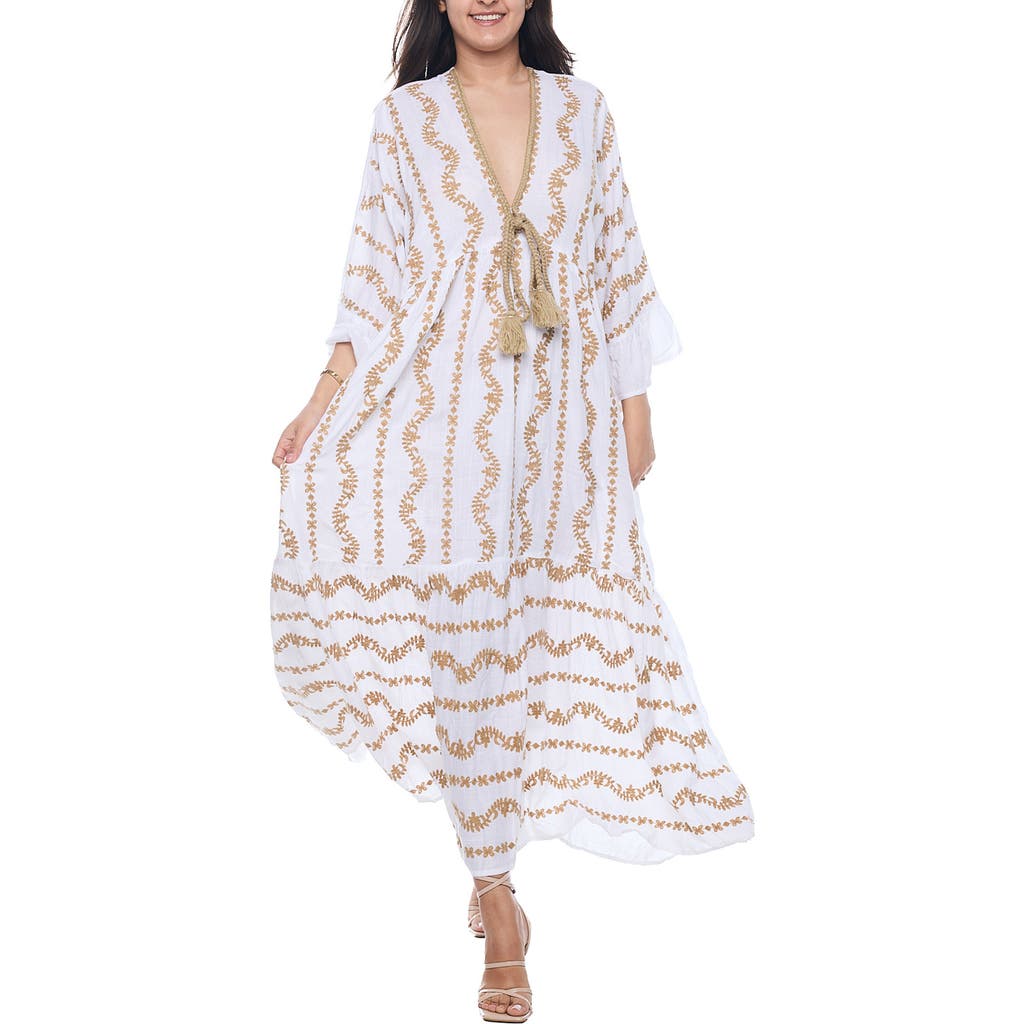 Ranee's Ranees Plunge Neck Cotton Caftan Dress In White