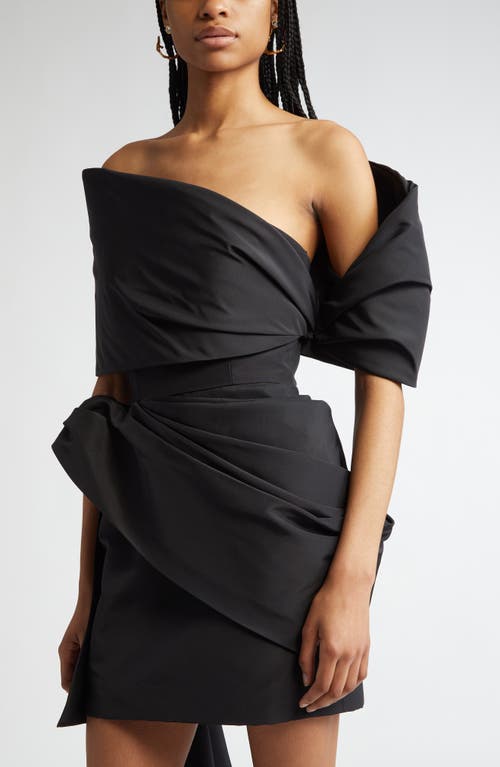 Oscar De La Renta Asymmetric Drape Cascade Detail Satin Dress In Black