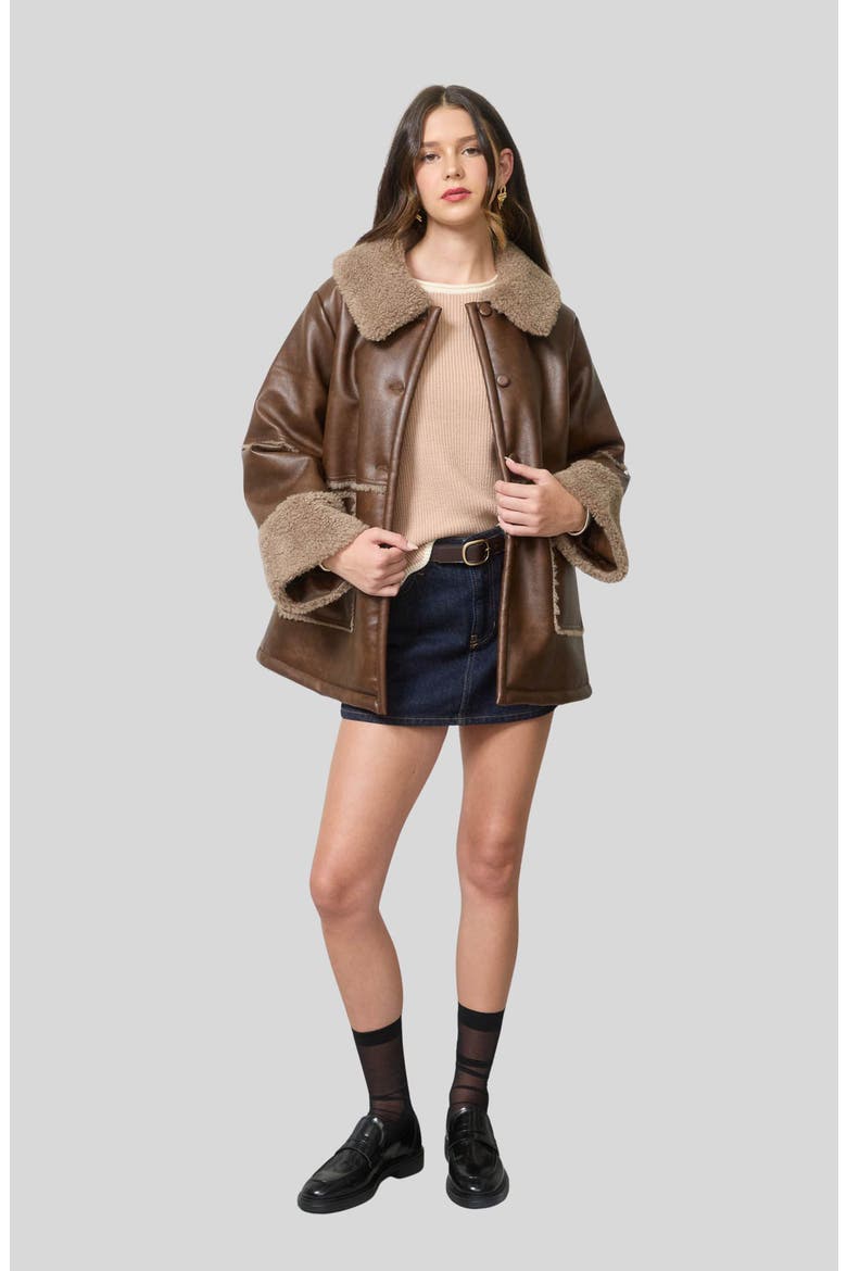 Faux Fur Trim Faux Leather Jacket, Alternate, color, BROWN