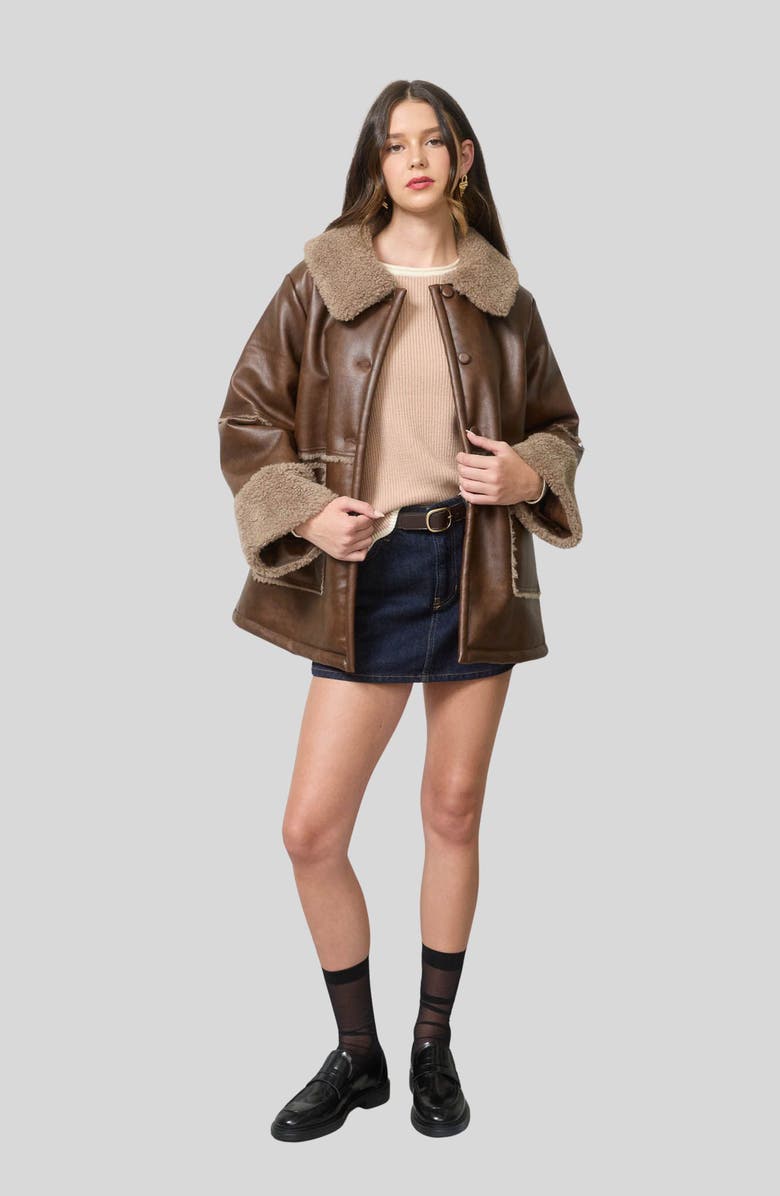 Blu Pepper Faux Fur Trim Faux Leather Jacket, Alternate, color, Brown