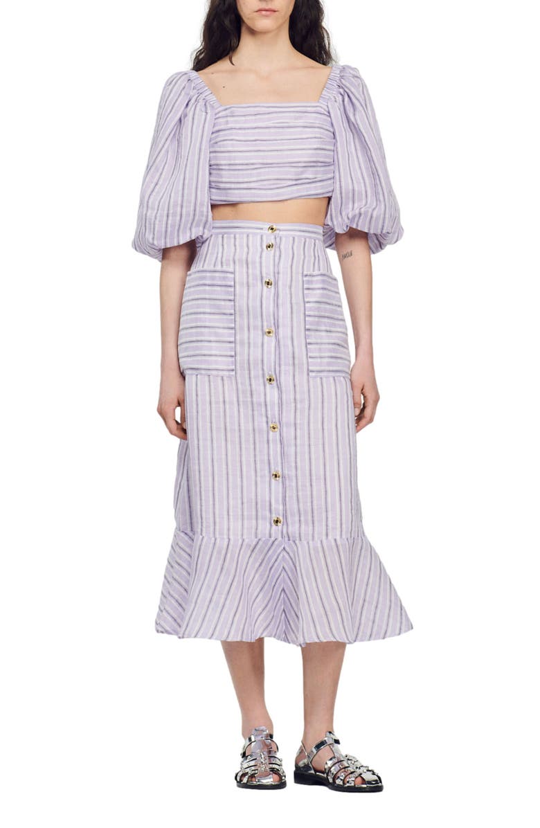 SANDRO Blondy Stripe Linen Blend Skirt, Alternate, color, Lilas / Noir