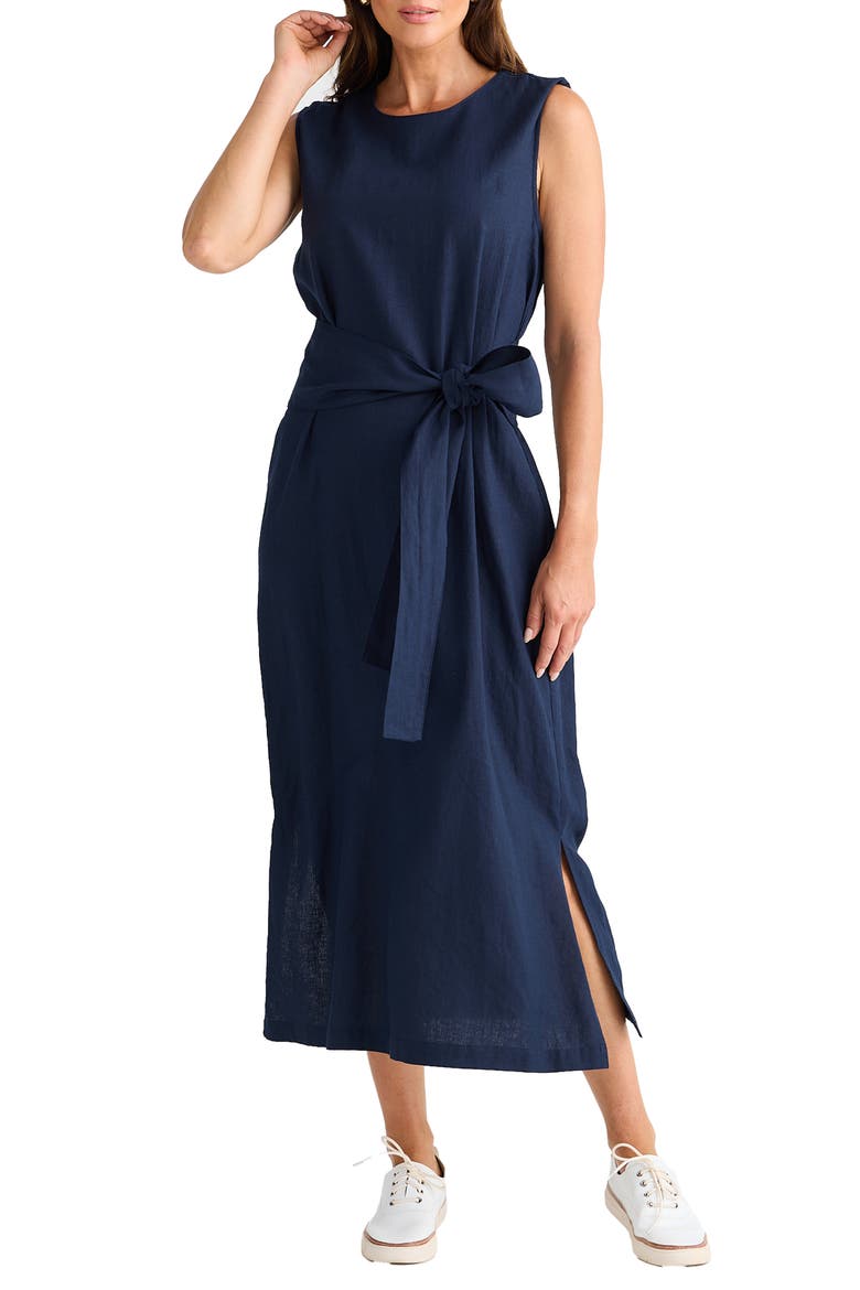 Turning Point Tie Waist Midi Dress, Main, color, NAVY
