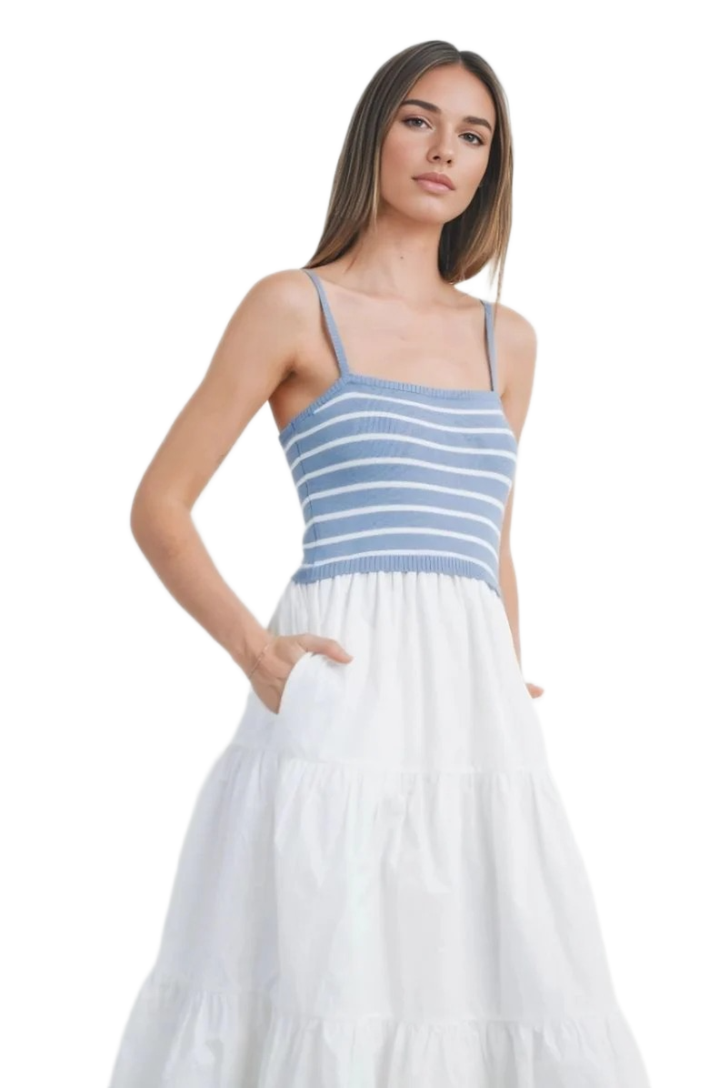 Knit and Lounge Striped Knit Bodice Tiered Midi Dress with Spaghetti Straps, Alternate, color, 