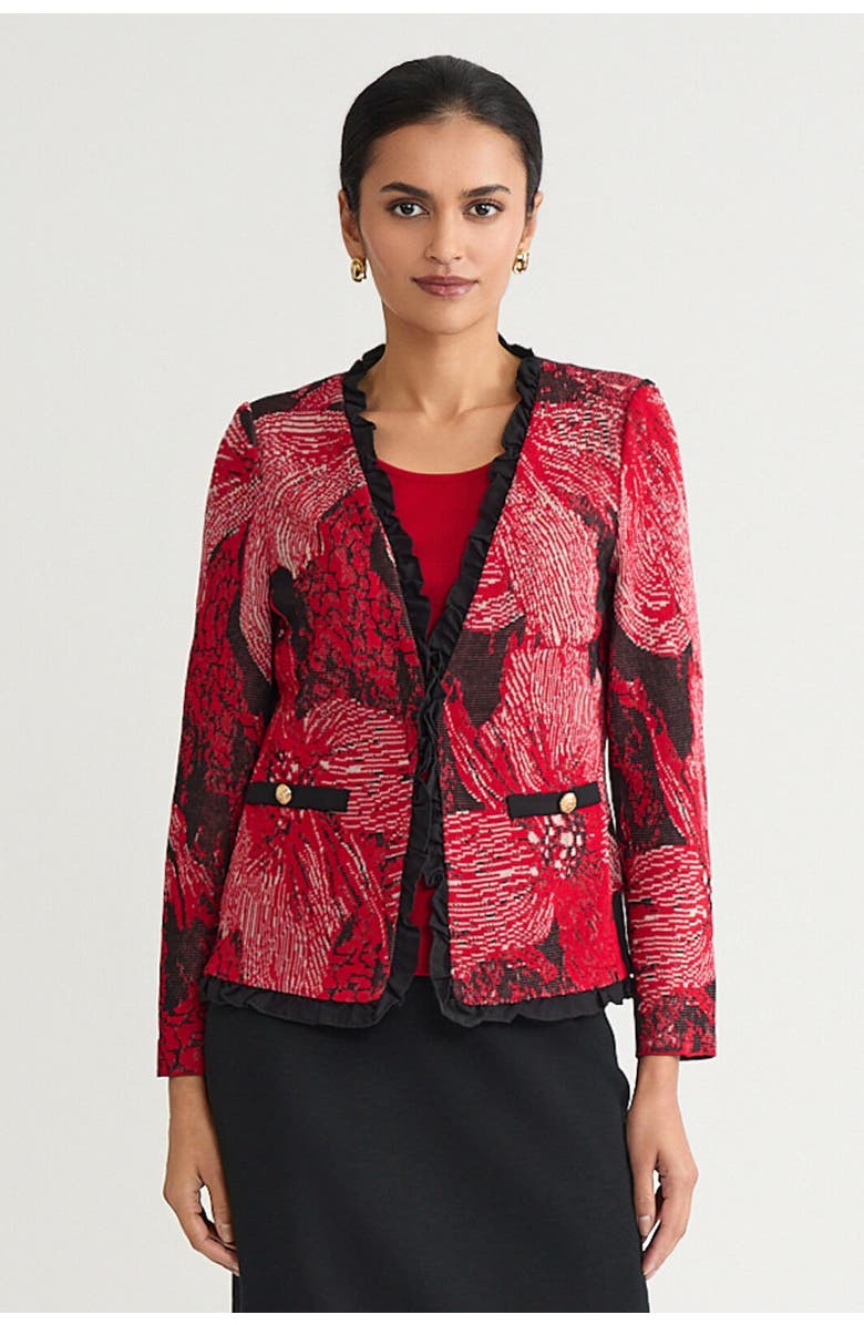 Ming Wang Heritage Floral Ruffle Trim Jacquard Knit Jacket, Main, color, Holiday/Twig/Black