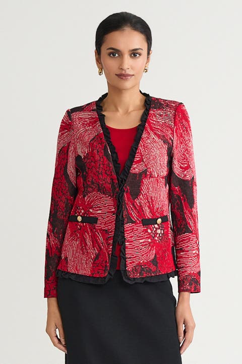 Heritage Floral Ruffle Trim Jacquard Knit Jacket