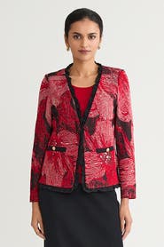 Ming Wang Heritage Floral Ruffle Trim Jacquard Knit Jacket