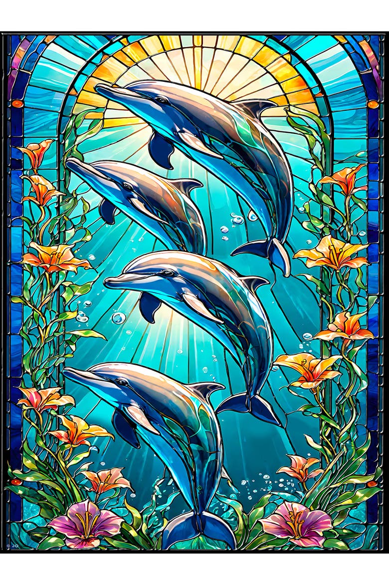 Dolphin Leap Stained Glass 1000 piece Jigsaw Puzzle for Adults, Alternate, color, Multicolor