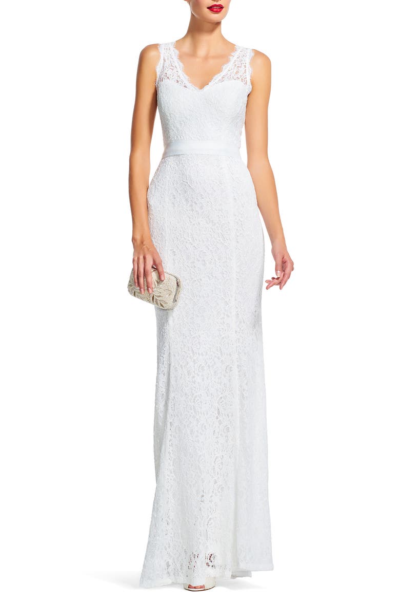 Sleeveless Lace Overlay Illusion Gown, Main, color, IVORY