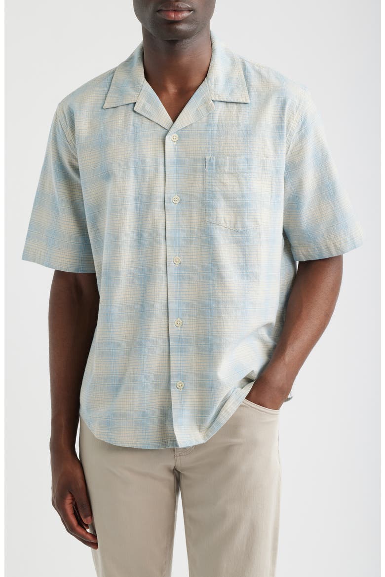 Plaid Short Sleeve Cotton & Linen Camp Shirt, Main, color, LIGHT BLUE