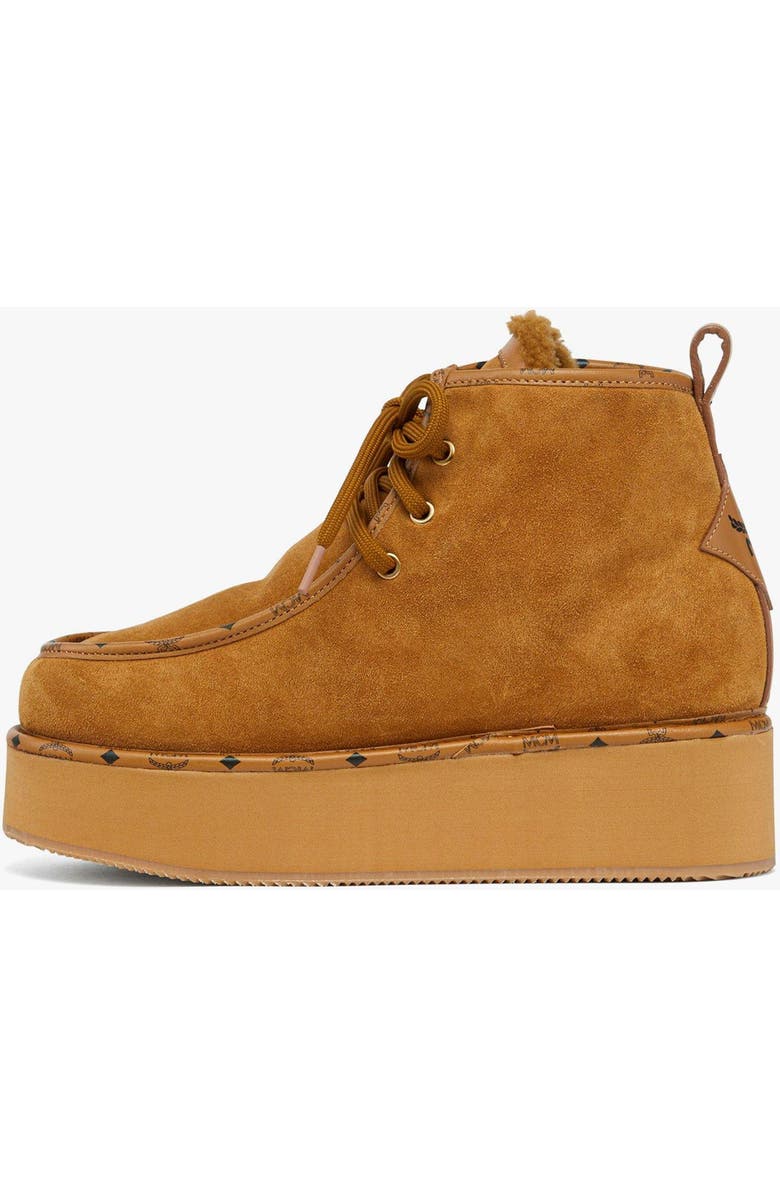 MCM Women's Platform Boots in Calfskin Suede Leather, Alternate, color, Cognac