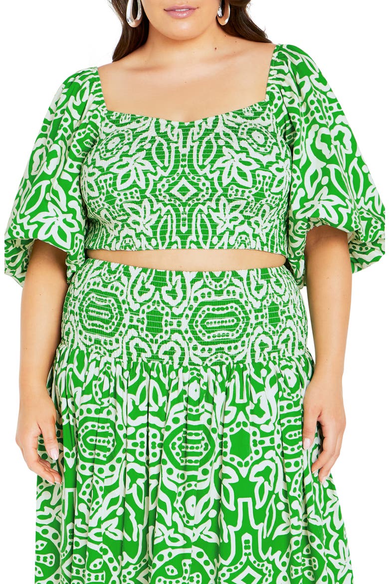 Hanna Printed Smocked Crop Top, Main, color, GREEN PRINT