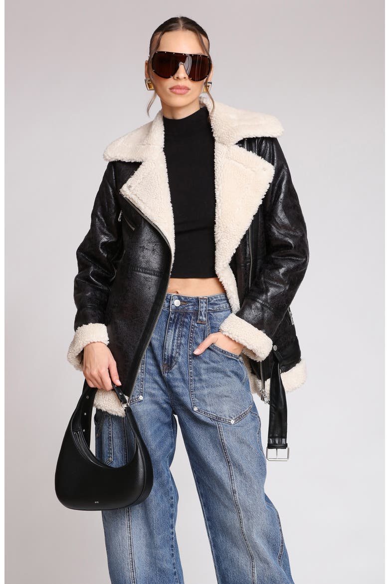 Faux Leather Biker Jacket with Faux Shearling Collar, Alternate, color, BLACK-CREAM