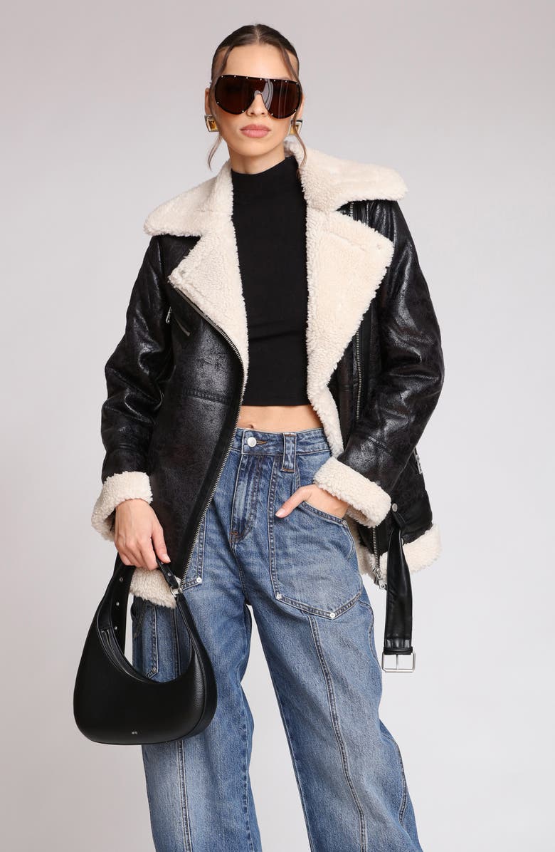 Avec Les Filles Faux Leather Biker Jacket with Faux Shearling Collar, Alternate, color, Black-Cream