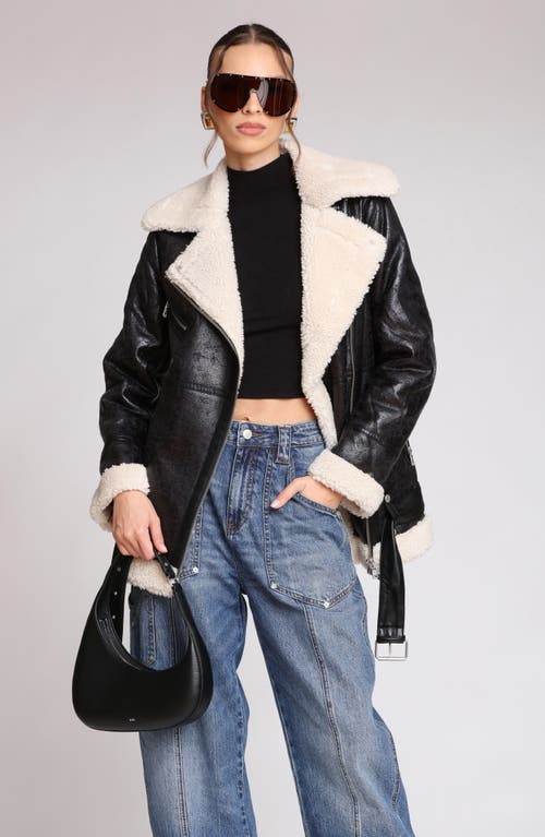 Avec Les Filles Faux Leather Biker Jacket With Faux Shearling Collar In Black