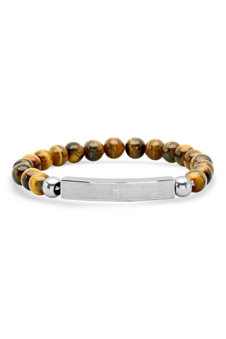 Stainless Steel ID & Tiger Eye Beaded Bracelet, Main, color, BROWN-METALLIC