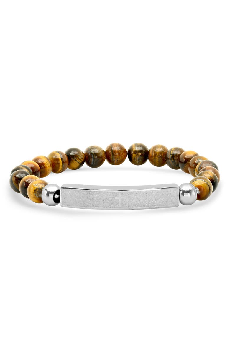 HMY JEWELRY Stainless Steel ID & Tiger Eye Beaded Bracelet, Main, color, Brown-Metallic