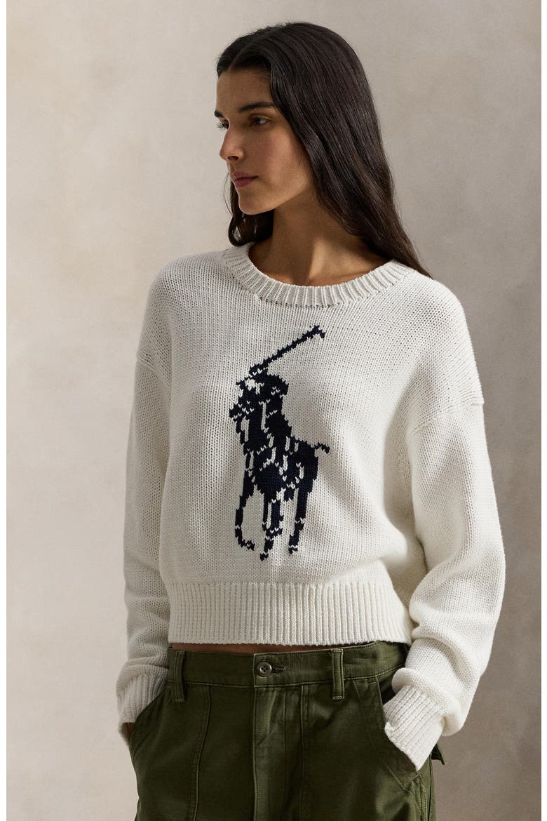 Big Pony Cotton Crewneck Sweater, Alternate, color, WHITE