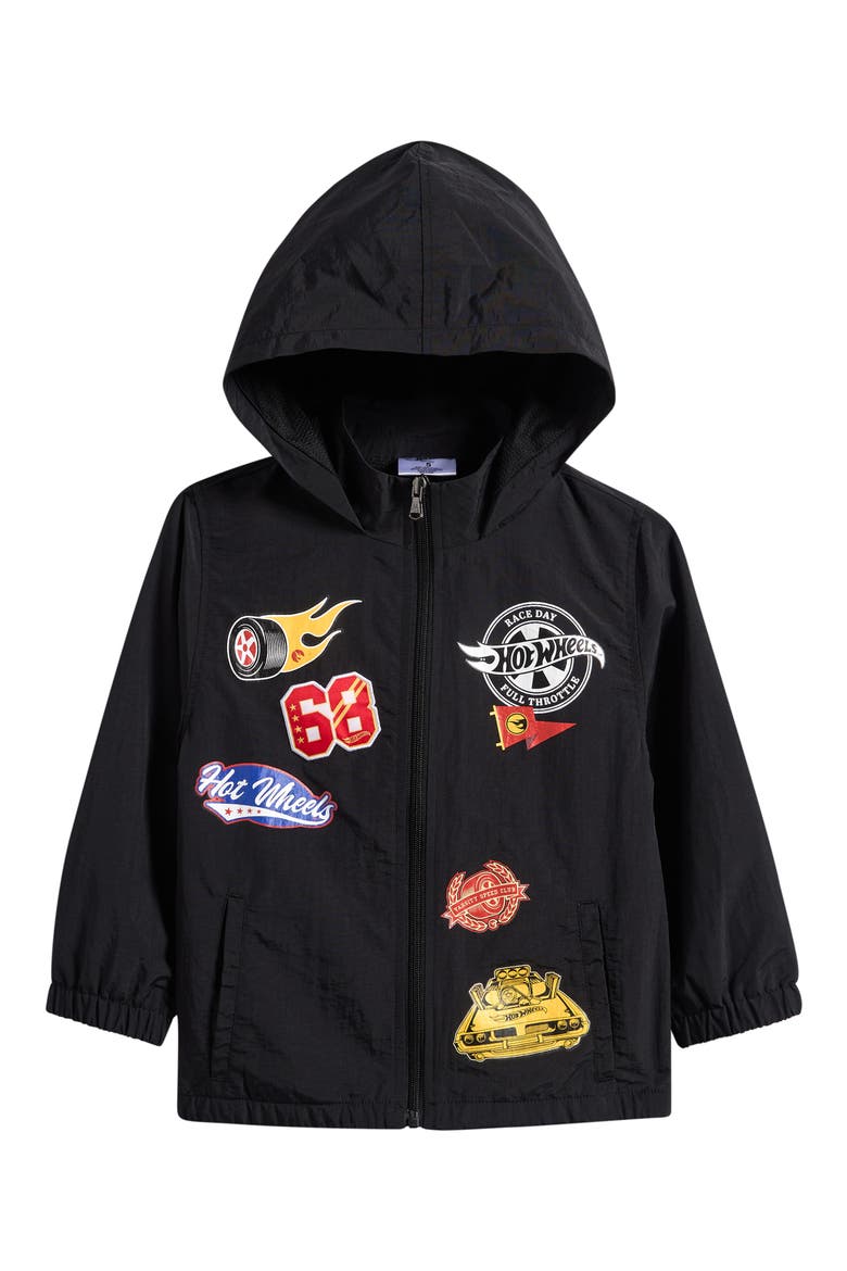Kids' Hot Wheels® Hooded Full Zip Nylon Jacket, Main, color, BLACK