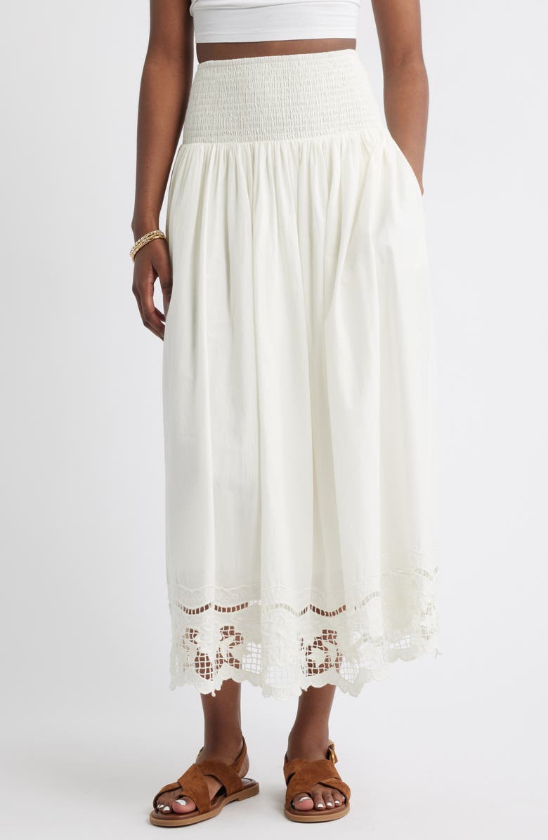 Treasure
Bond Embroidered Eyelet Cotton Smocked Waist Skirt, Main, color, Ivory Egret