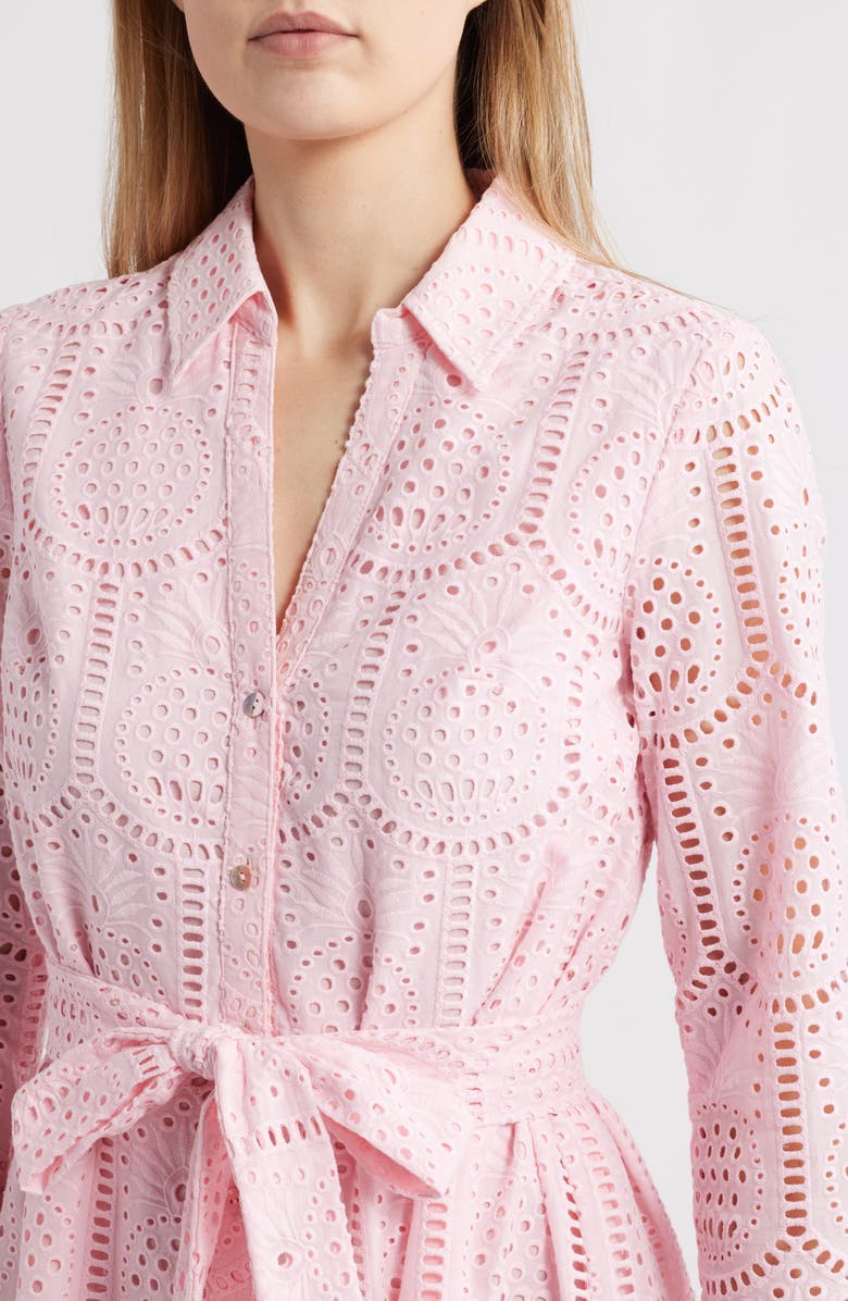 Lilly Pulitzer<sup>®</sup> Eira Eyelet Tie Waist Long Sleeve Maxi Shirtdress, Alternate, color, Pink Muse Pineapple Tile