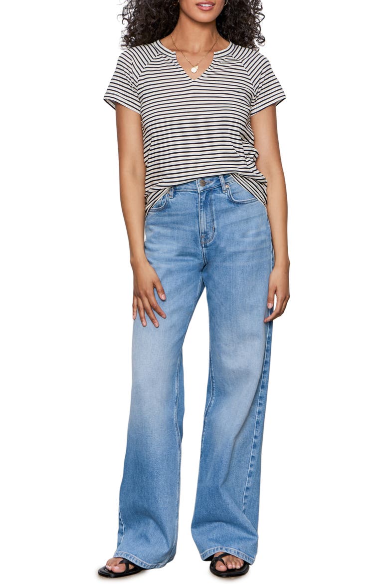 Stripe Notch V-Neck Cotton Blend T-Shirt, Alternate, color, LIGHT OAT/ BLACK STRIPE