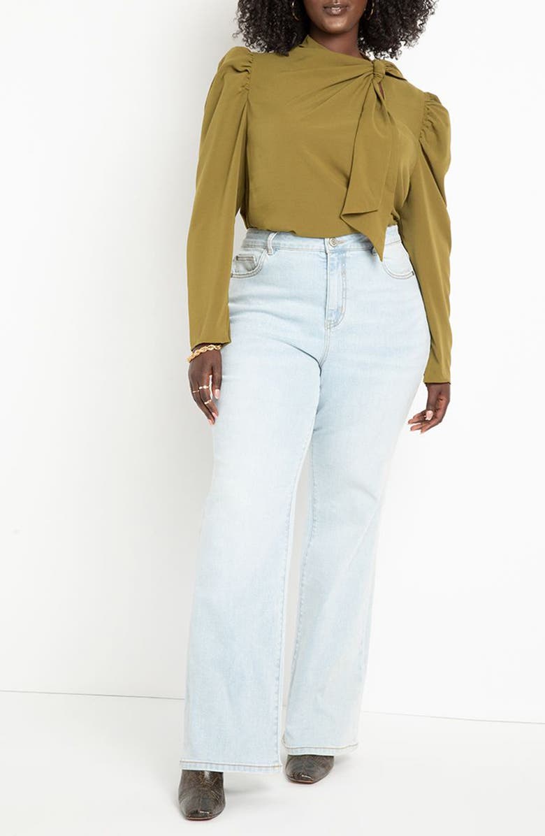 ELOQUII Tie Neck Puff Shoulder Top, Alternate, color,