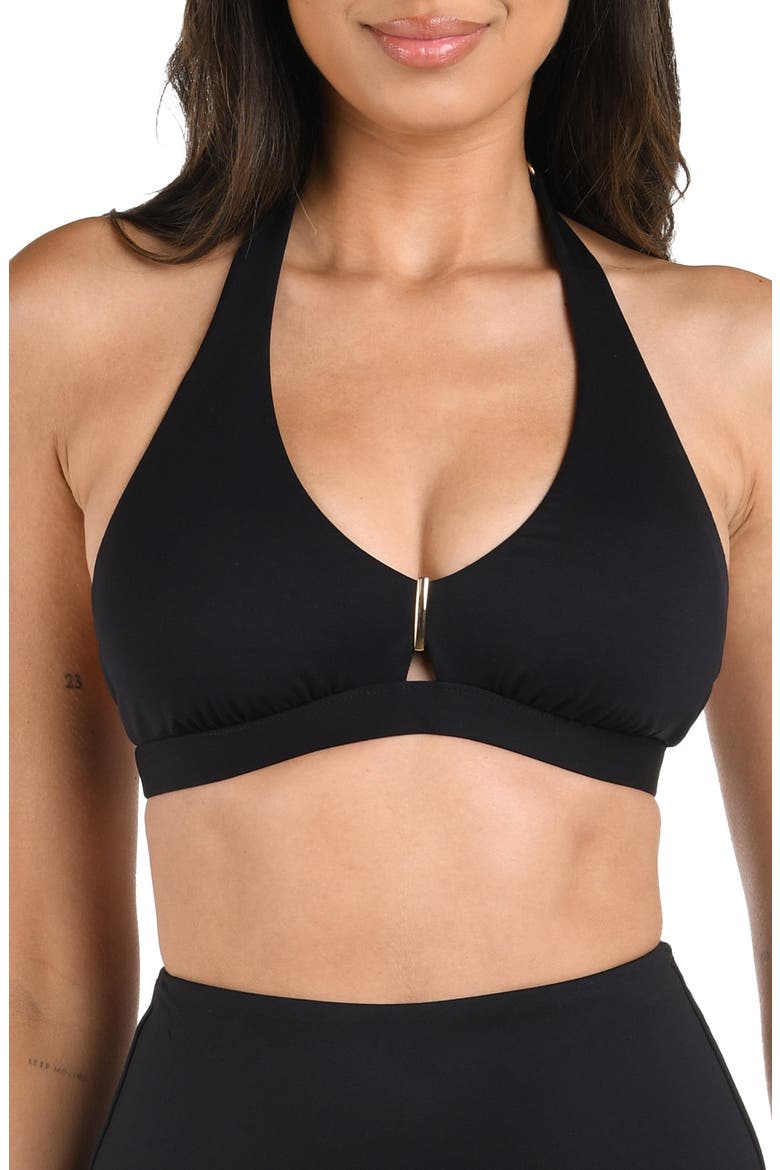 Luxe V-Neck Halter Bikini Top, Main, color, BLACK