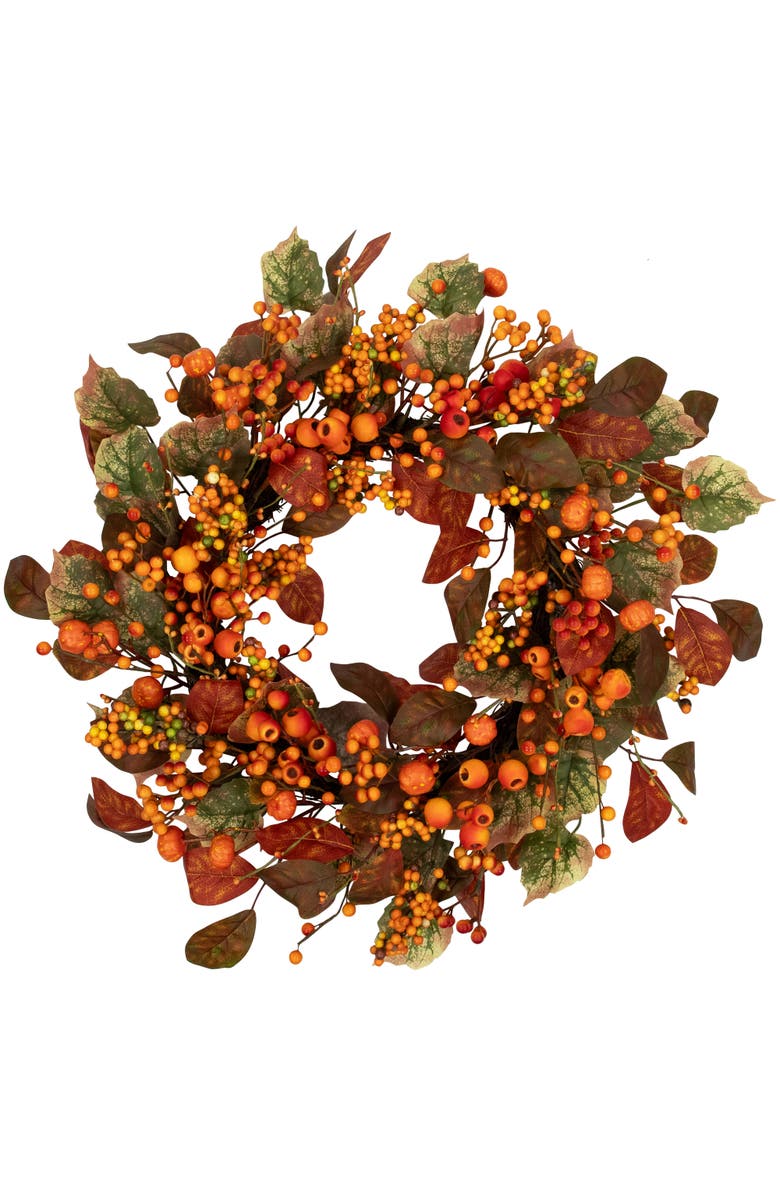 Northlight Mini Gourds and Berries Artificial Fall Harvest Wreath - 24" - Orange and Green - Unlit, Main, color,