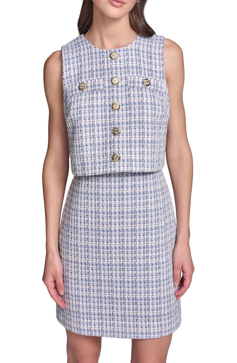 KARL LAGERFELD Sleeveless Tweed Popover Dress, Alternate, color, Mystic Blue Multi