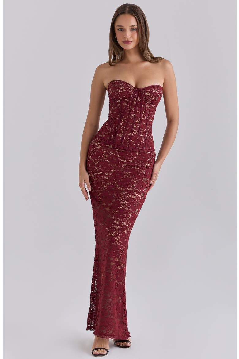 Solaine Lace-Up Strapless Lace Corset Gown, Alternate, color, CABERNET