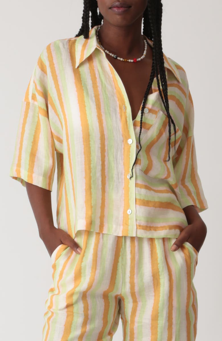 Electric & Rose Kyle Stripe Linen Button-Up Shirt, Main, color, Tangerine/ Lime