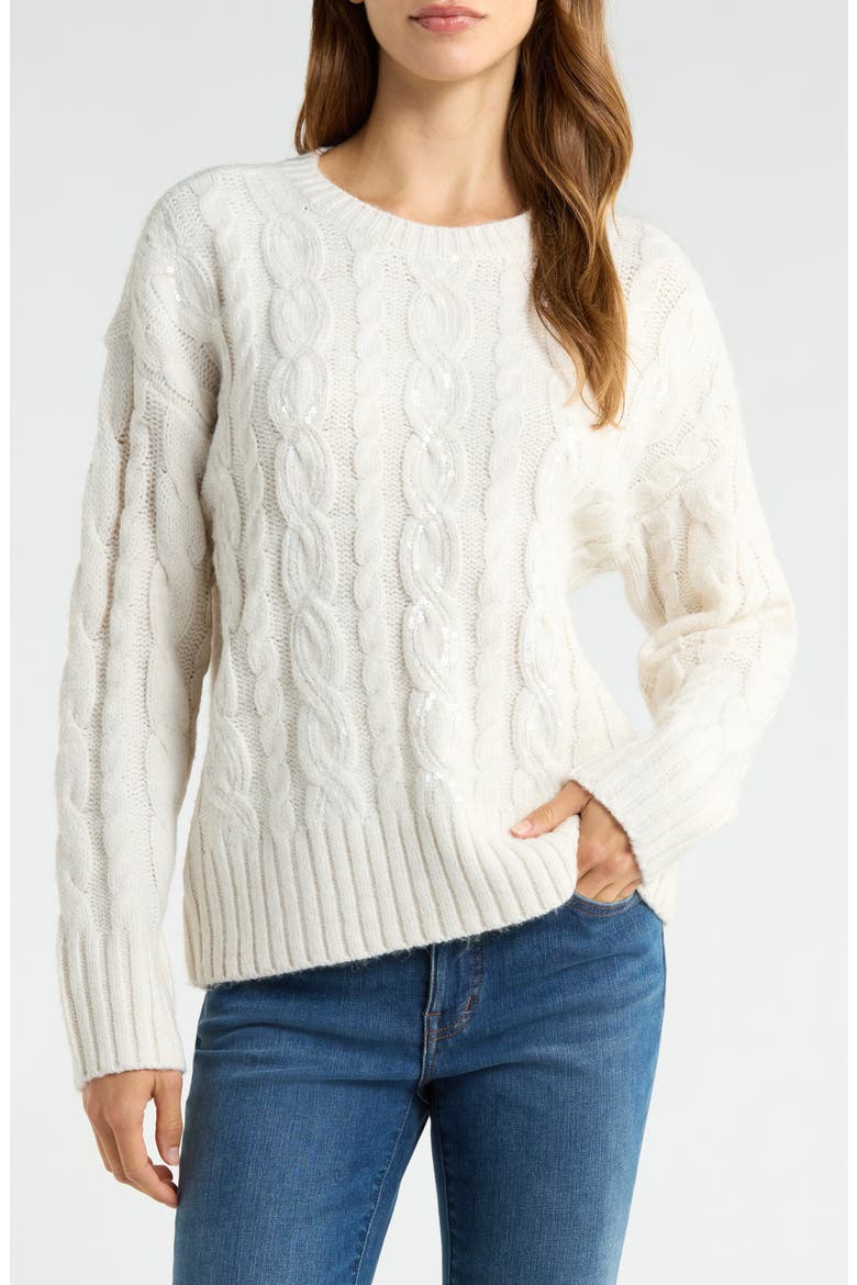 Sequin Cable Sweater, Main, color, IVORY HEATHER