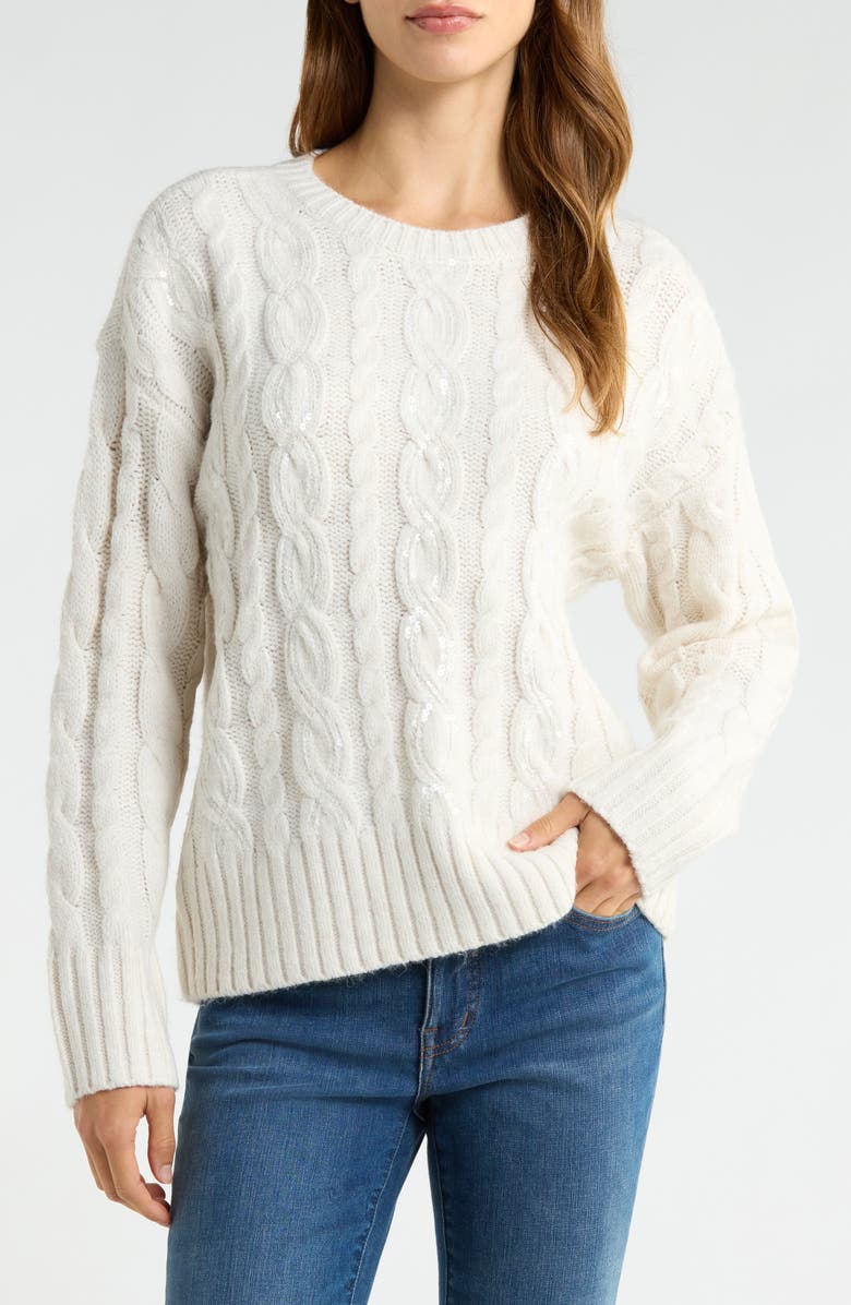 Vince Camuto Sequin Cable Sweater, Main, color, Ivory Heather
