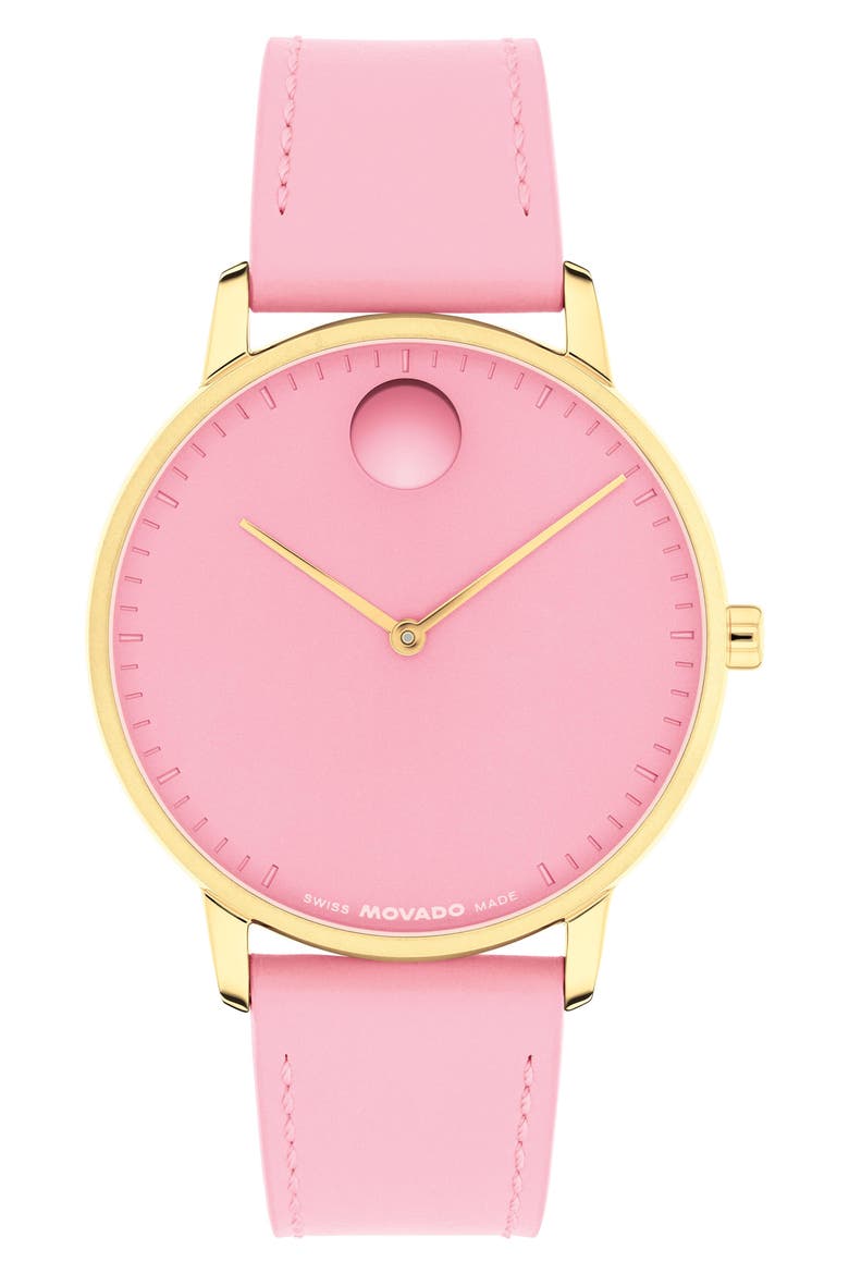Face Leather Strap Watch, 39mm, Main, color, PINK