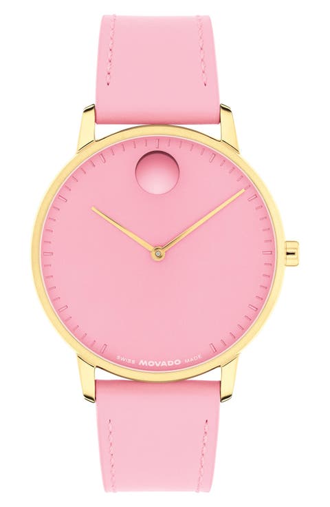 Face Leather Strap Watch, 39mm