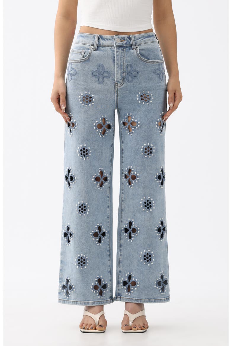 Studded Eyelet High Waist Straight Leg Jeans, Main, color, MISTYWAY