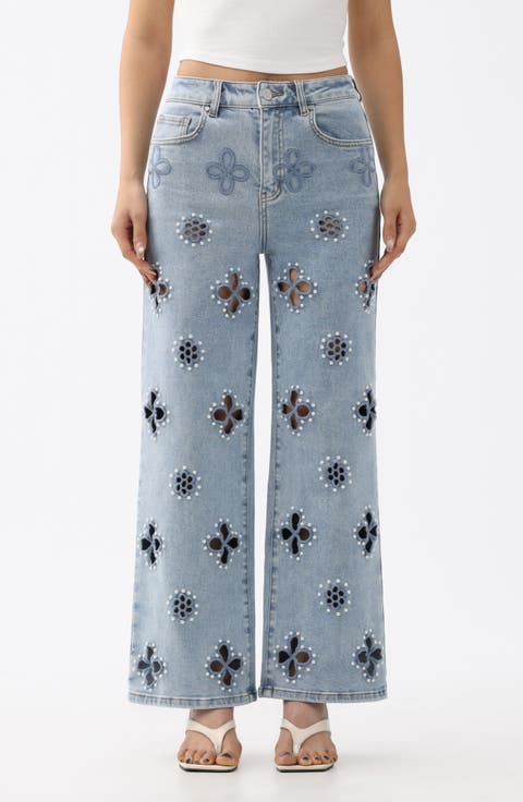 Studded Eyelet High Waist Straight Leg Jeans