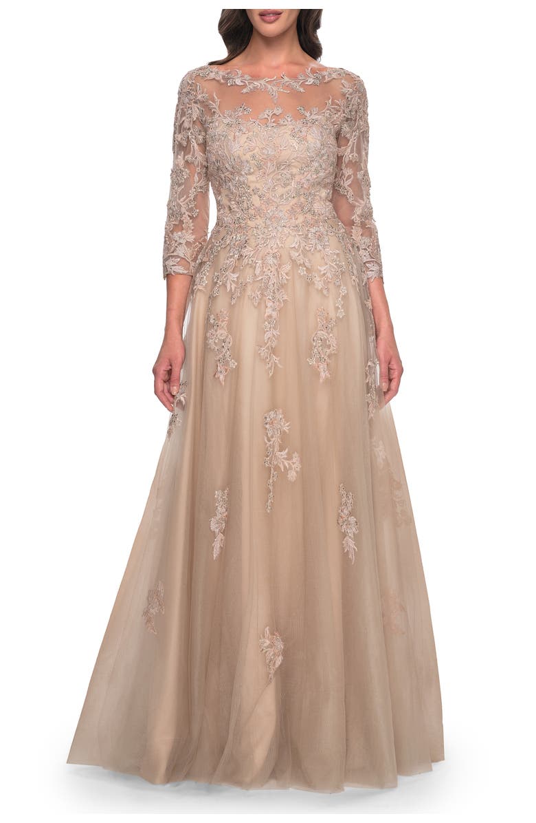 La Femme A-Line Tulle and Lace Applique Gown with Lace Sleeves, Main, color, Champagne