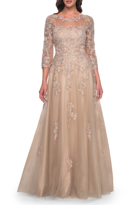 A-Line Tulle and Lace Applique Gown with Lace Sleeves
