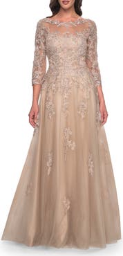 La Femme A-Line Tulle and Lace Applique Gown with Lace Sleeves