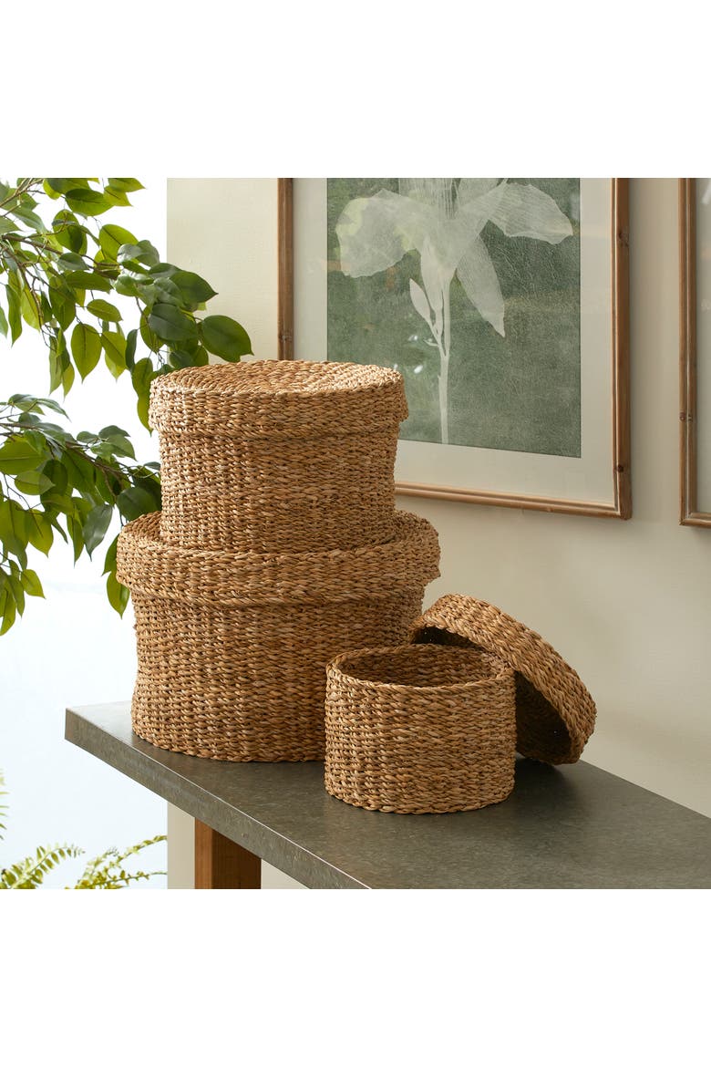 Seagrass Round Lidded Baskets Set of 3, Alternate, color, Brown