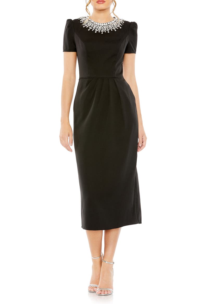 Hand Embellished Rhinestone Neckline Column Dress, Main, color, BLACK