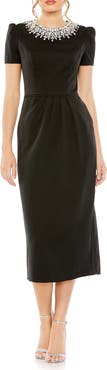 Ieena for Mac Duggal Hand Embellished Rhinestone Neckline Column Dress