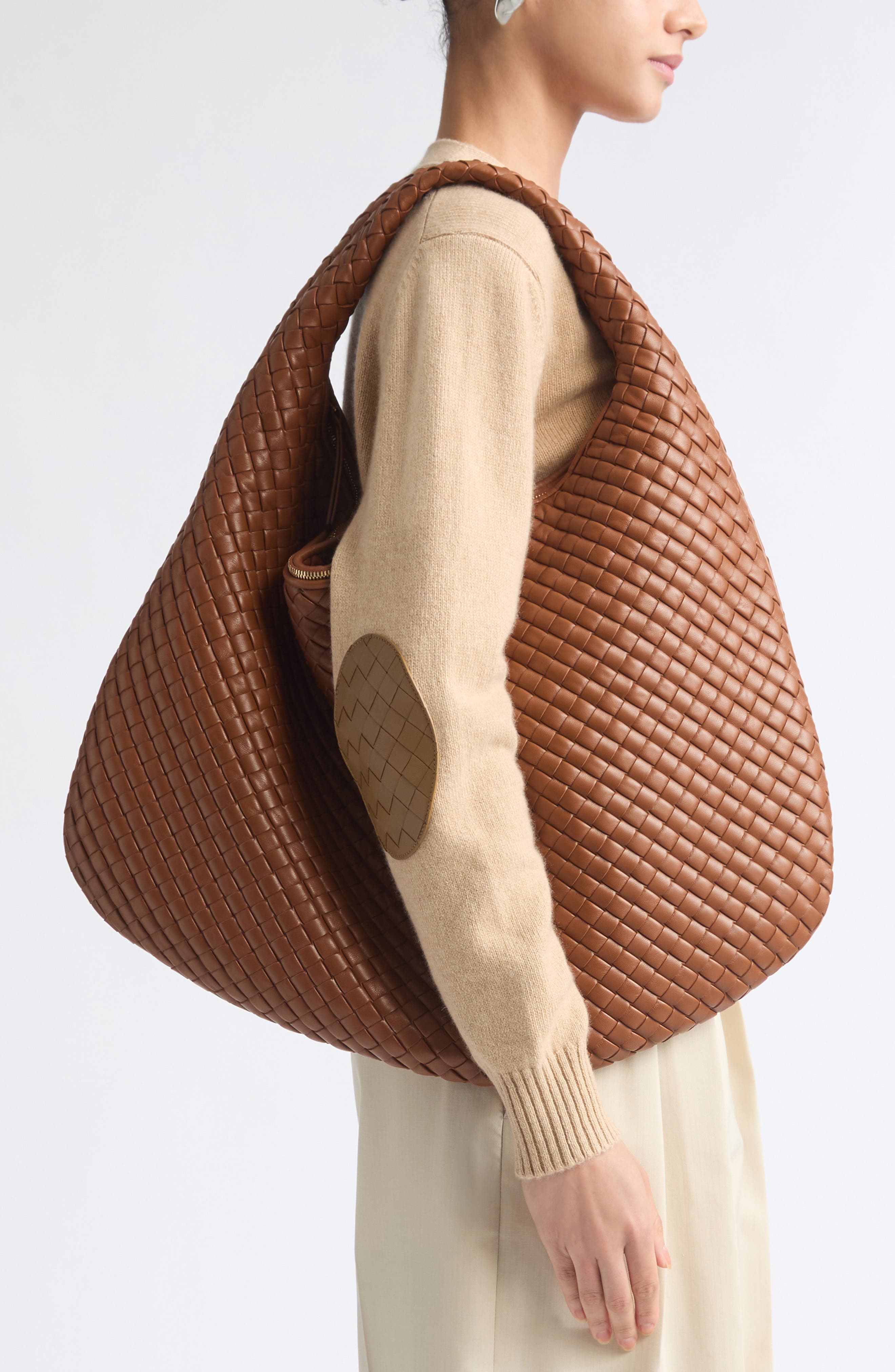 Maxi Intrecciato Leather Shoulder Bag, Alternate, color, TANNIN BRASS